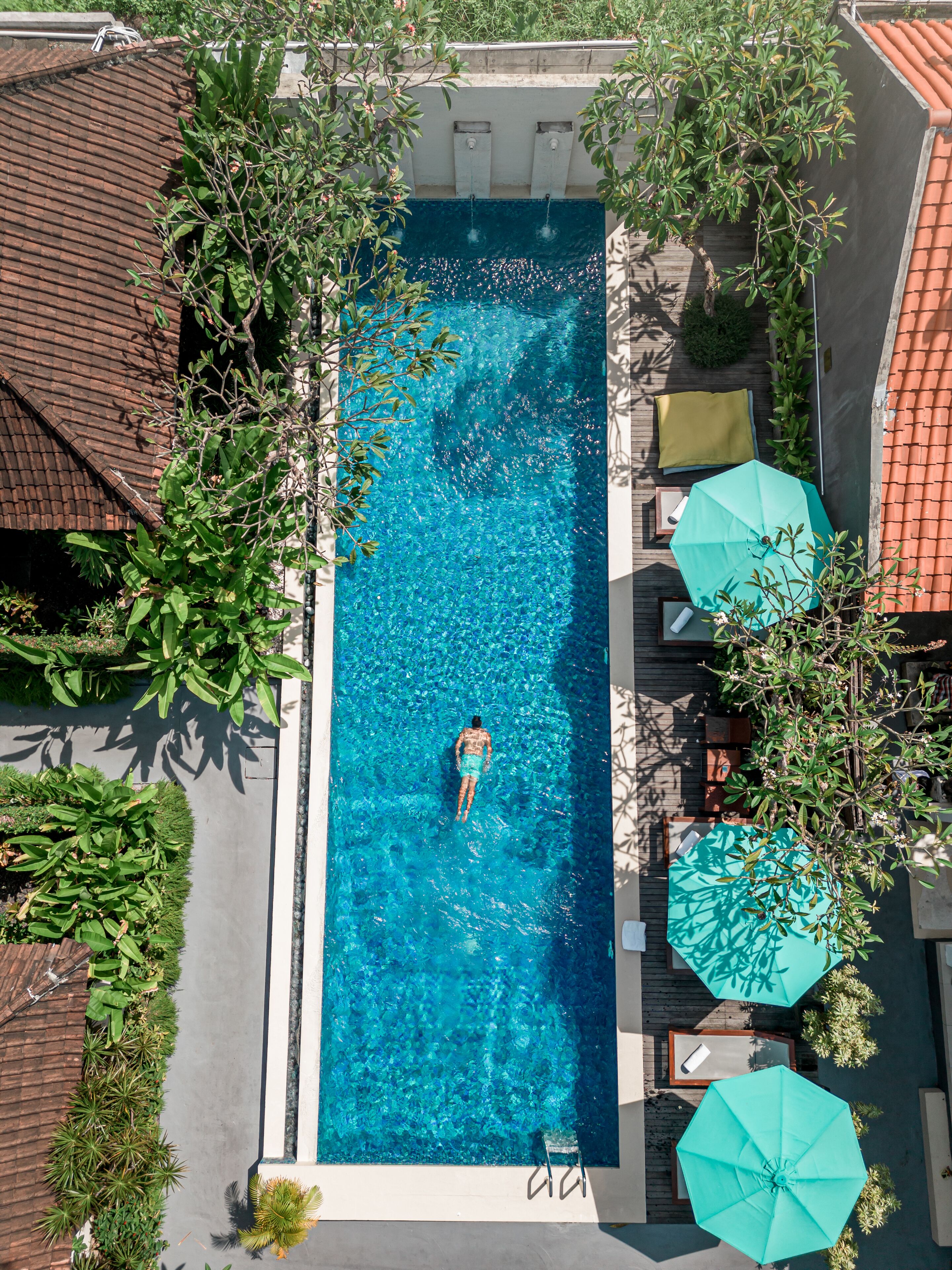 A rectangular swimming pool with a person swimming, surrounded by greenery and umbrellas.