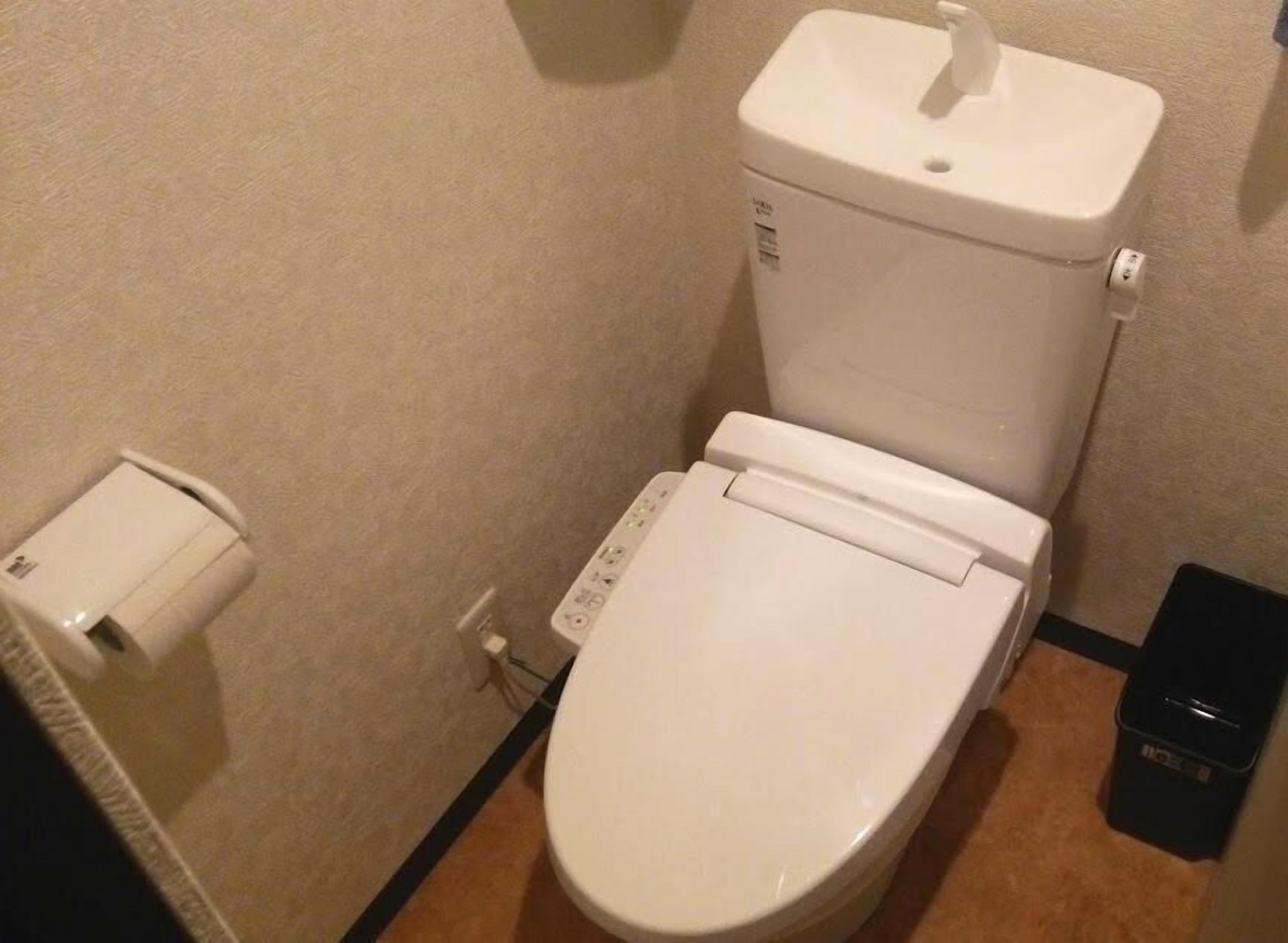 A standard white toilet with a flush handle and a flush button on the tank.