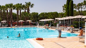A swimming pool with lounge chairs and umbrellas, surrounded by palm trees.