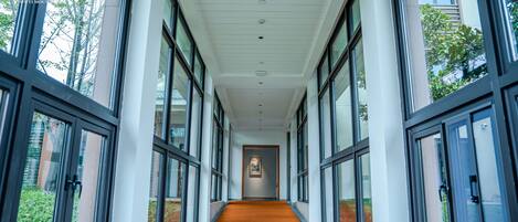A corridor with large windows, a carpeted floor, and a framed artwork on the wall.