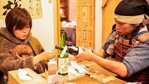 Una persona sosteniendo una botella de sake verde, otra persona sosteniendo una botella de sake blanco y un gato acostado sobre una manta.