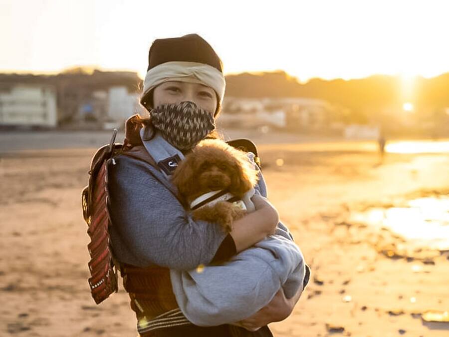 A person holding a small dog on a beach at sunset.