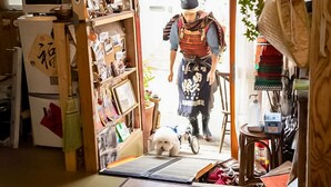 Un pasillo estrecho con una puerta de madera, un perro pequeño y un maniquí vestido con traje tradicional.