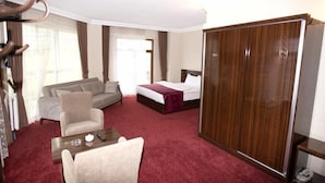 Una habitación de hotel con una cama, un sofá, una silla, un escritorio y un armario.