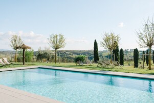 Outdoor pool, open 8 AM to 8:30 PM, pool umbrellas, sun loungers