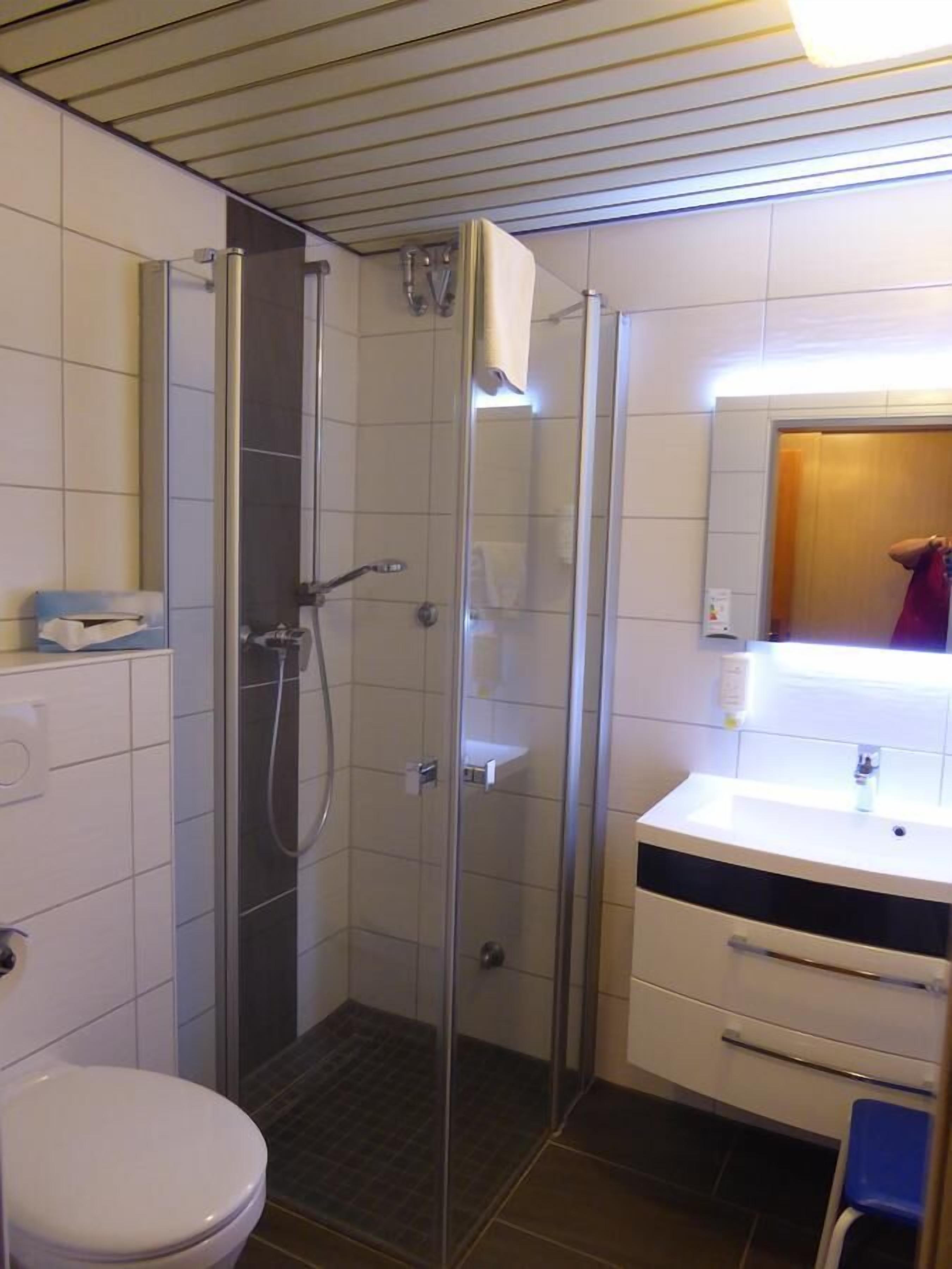 Ein Badezimmer mit Duschkabine, weißer Toilette und Waschbecken mit Spiegel darüber.
