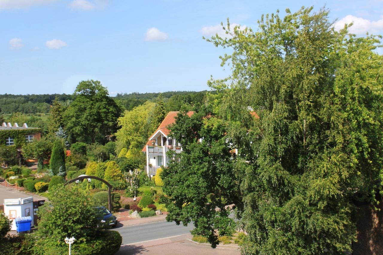 A residential area with houses, a road, and lush greenery.