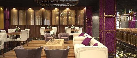 A modern interior with a wooden floor, white sofas, and purple accents.