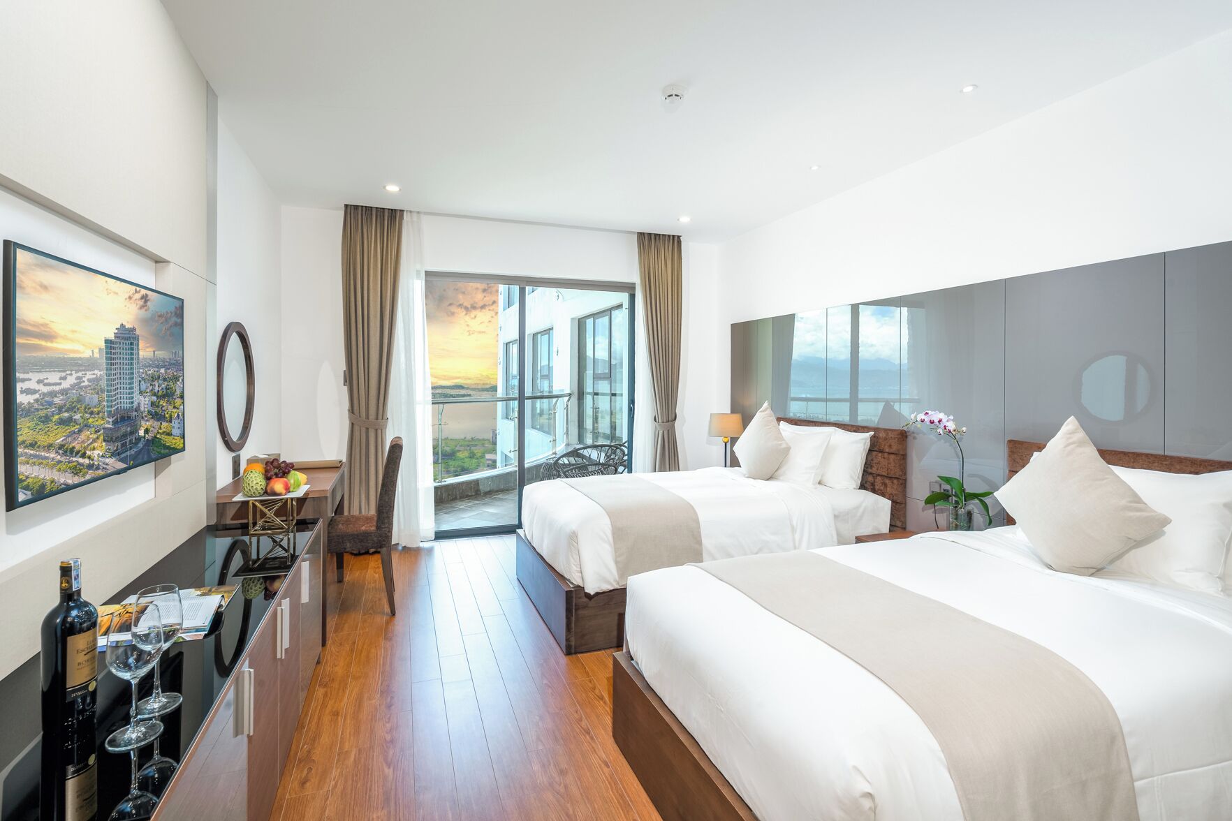 Premium bedding, down comforters, memory foam beds, minibar