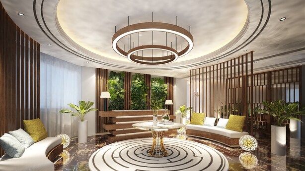 A modern lobby with a circular central area, seating arrangements, and a ceiling with recessed lighting. - Alan Sea Da Nang (Da Nang)