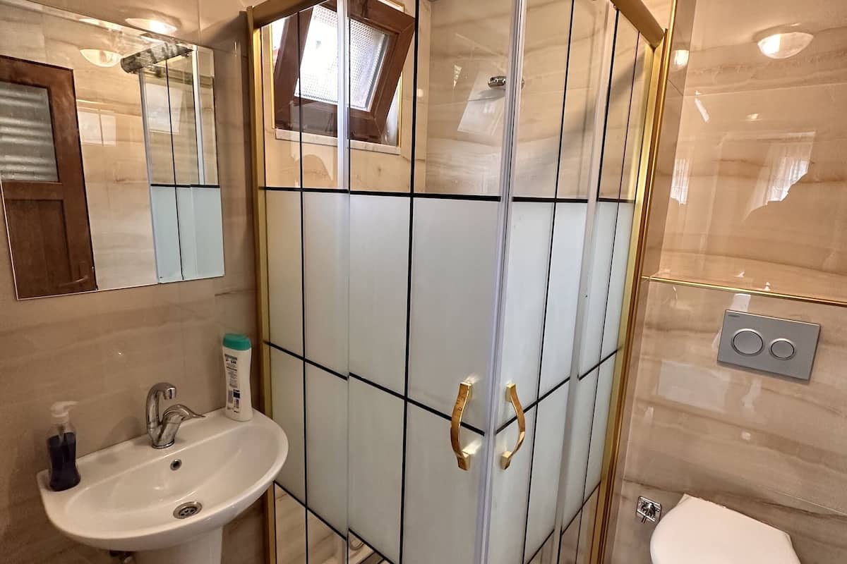 family room | bathroom | shower, free toiletries, hair dryer, slippers