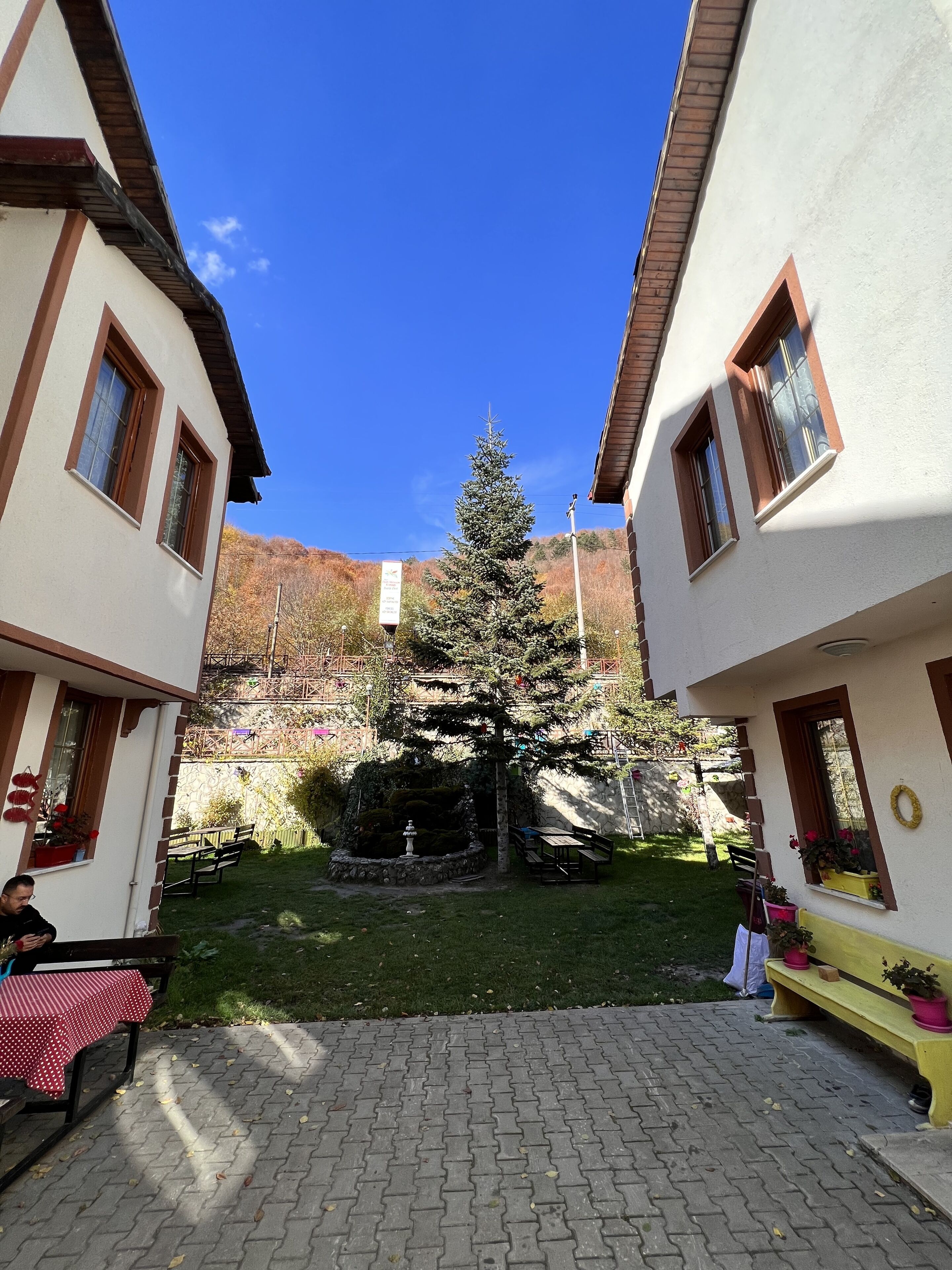 A courtyard with a central tree, benches, and a stone fountain.