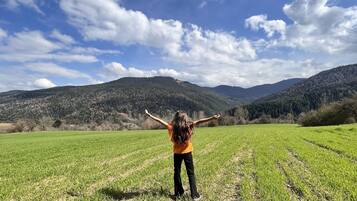 Una persona de pie en un campo, con los brazos extendidos, mirando un paisaje montañoso bajo un cielo parcialmente nublado.