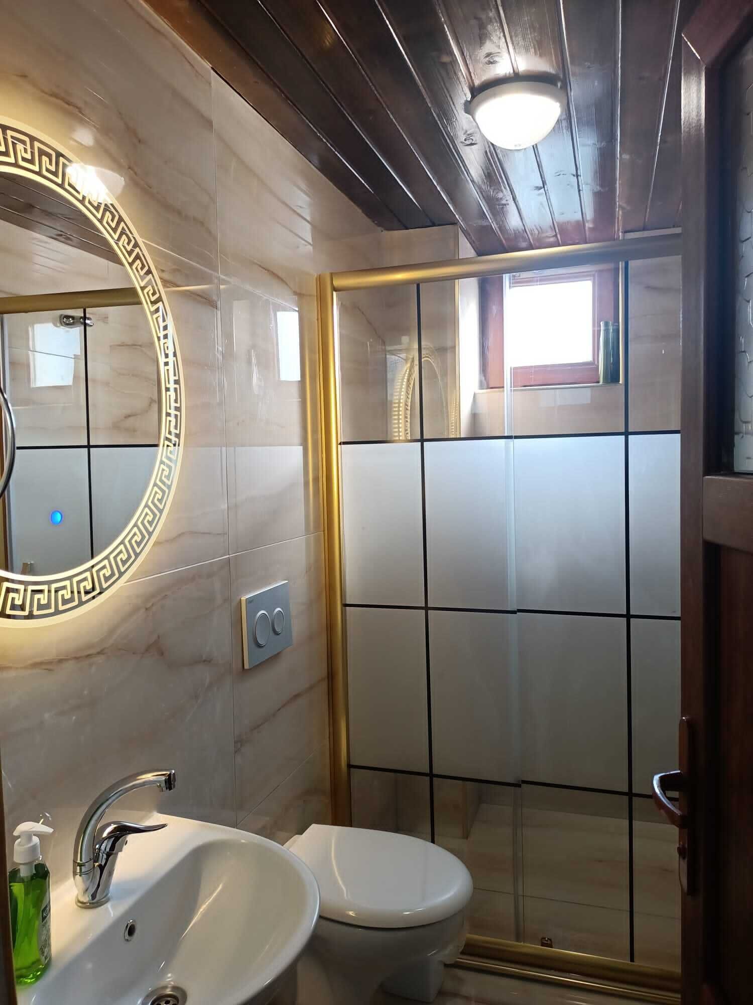 A bathroom with a marble vanity, a toilet, and a shower enclosure.