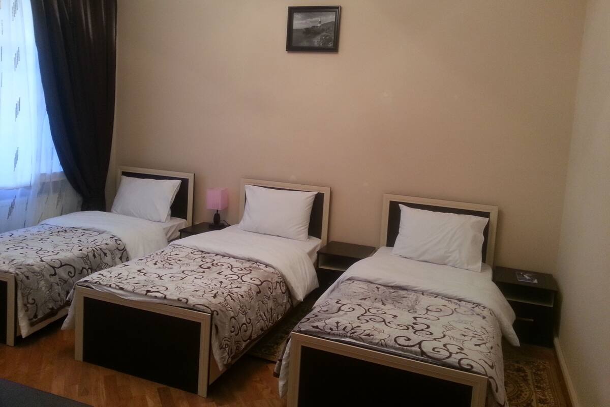 A hotel room with three single beds, a bedside table with a lamp, an air conditioning unit, and a framed picture on the wall.