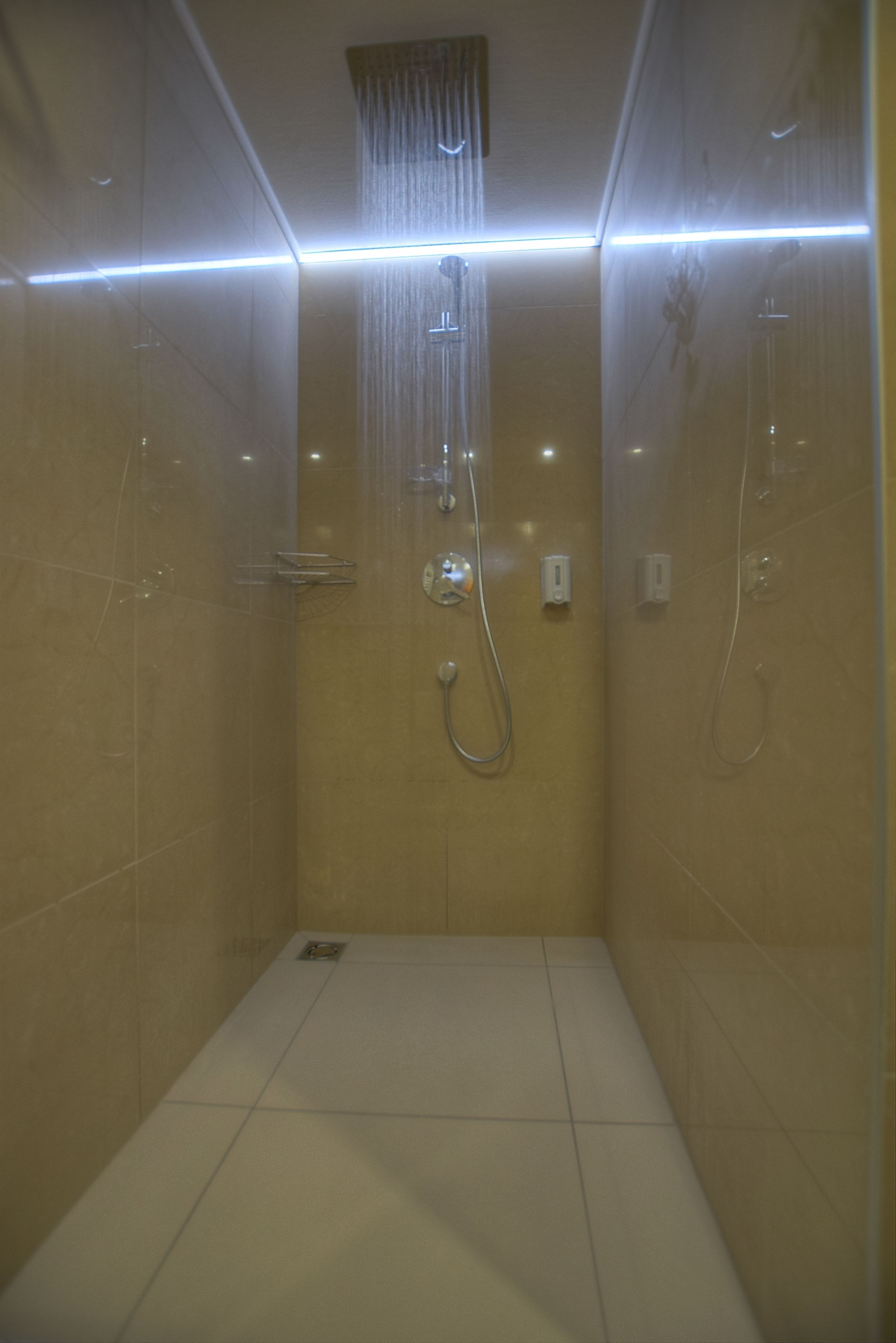 Una ducha moderna con puerta de vidrio, un cabezal de ducha de mano y un grifo empotrado.