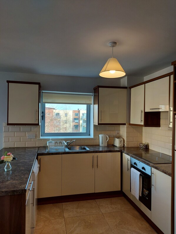 A modern kitchen with a window, built-in cabinets, a sink, and a kettle. - Wild Atlantic Apartments Killarney (Killarney)