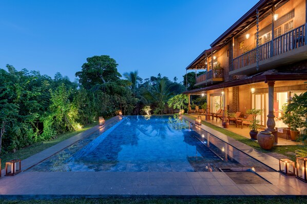 Outdoor pool, pool umbrellas, pool loungers