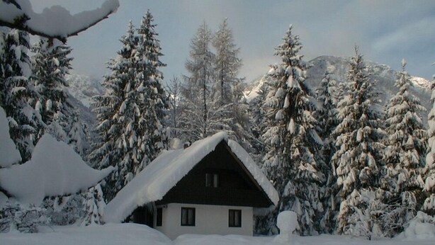 A snow-covered cabin with a sloped roof, surrounded by snow-laden trees and mountains in the background. - Apartments Lake Bohinj (Bohinj)