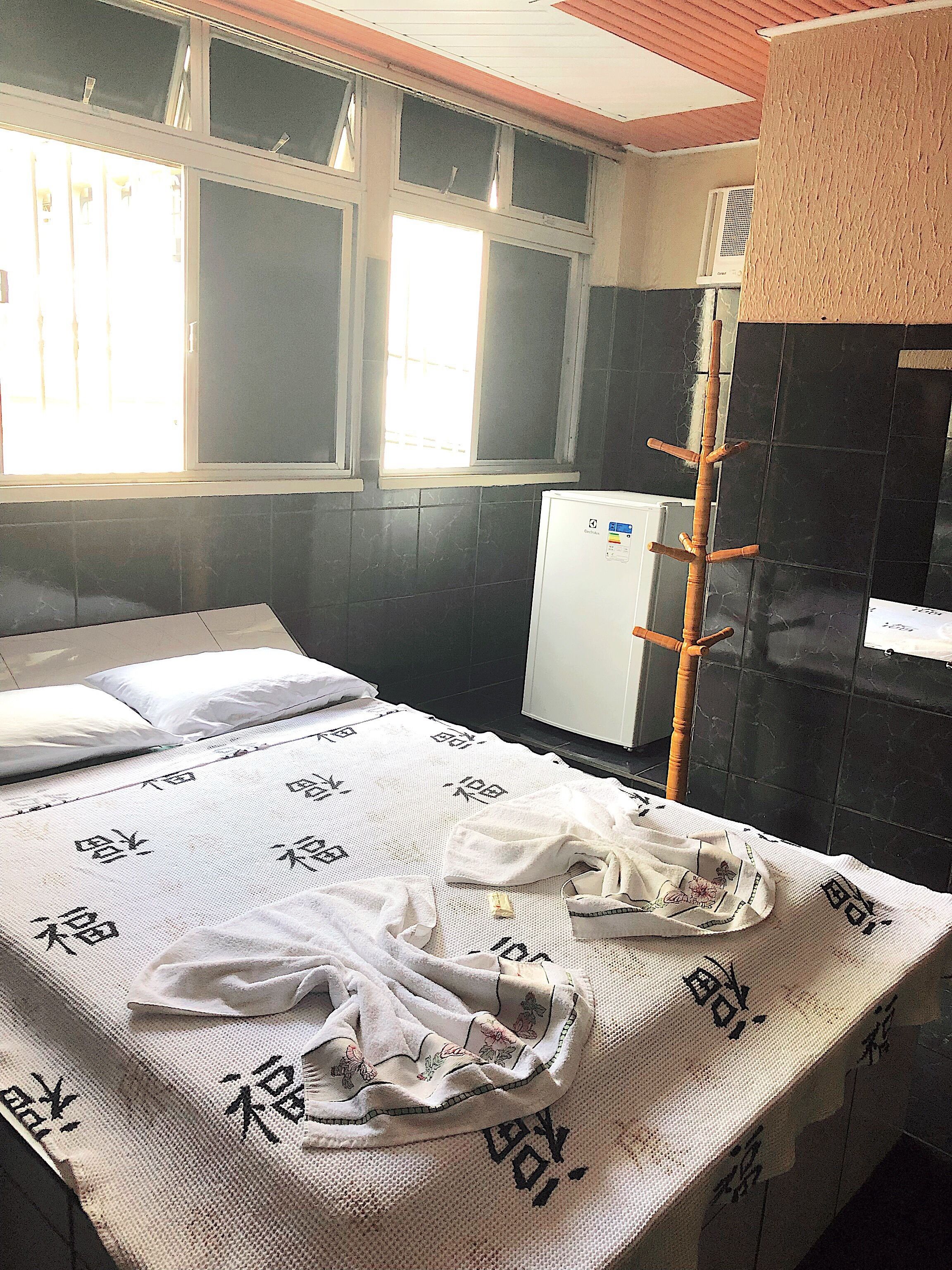 A room with a bed, a window, a radiator, and a towel rack.