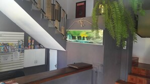 Una escalera con barandilla, un estante con provisiones, una puerta con un cartel y un helecho colgante.