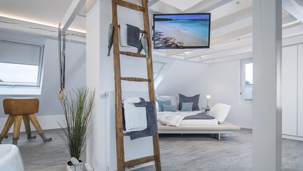 A modern loft bedroom with a loft bed, a TV mounted on the ceiling, a wooden ladder, and a potted plant. - Design-Studiowohnung in Gütersloh (Guetersloh)