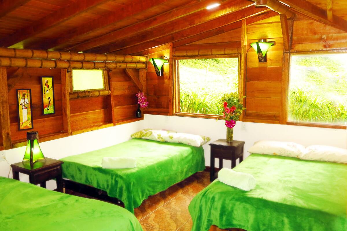 Une cabane en bois avec trois lits, chacun doté de draps verts, un plafond en bois et une fenêtre donnant sur un paysage verdoyant.