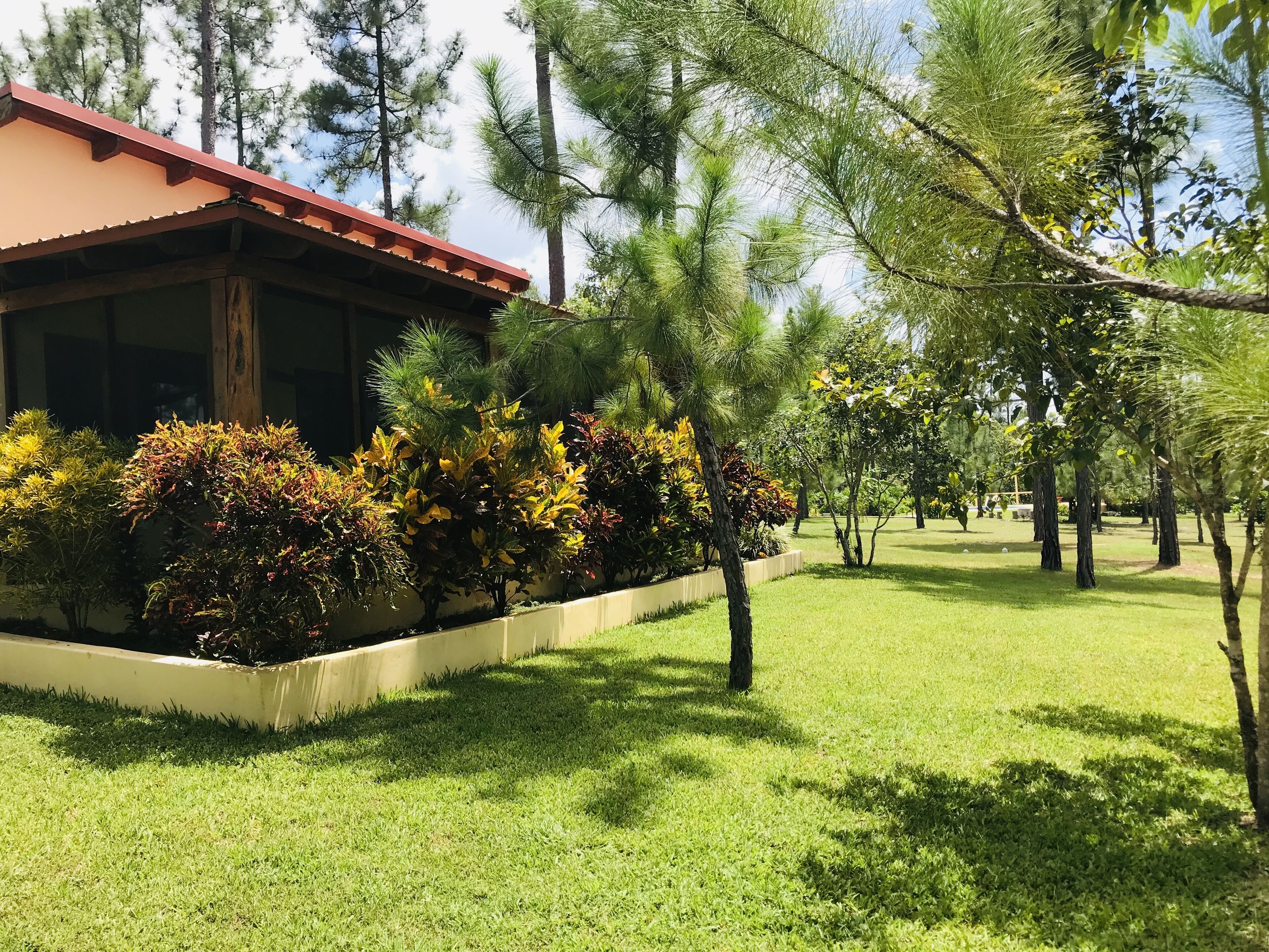 A building with a red roof, surrounded by well-maintained grass and various trees.