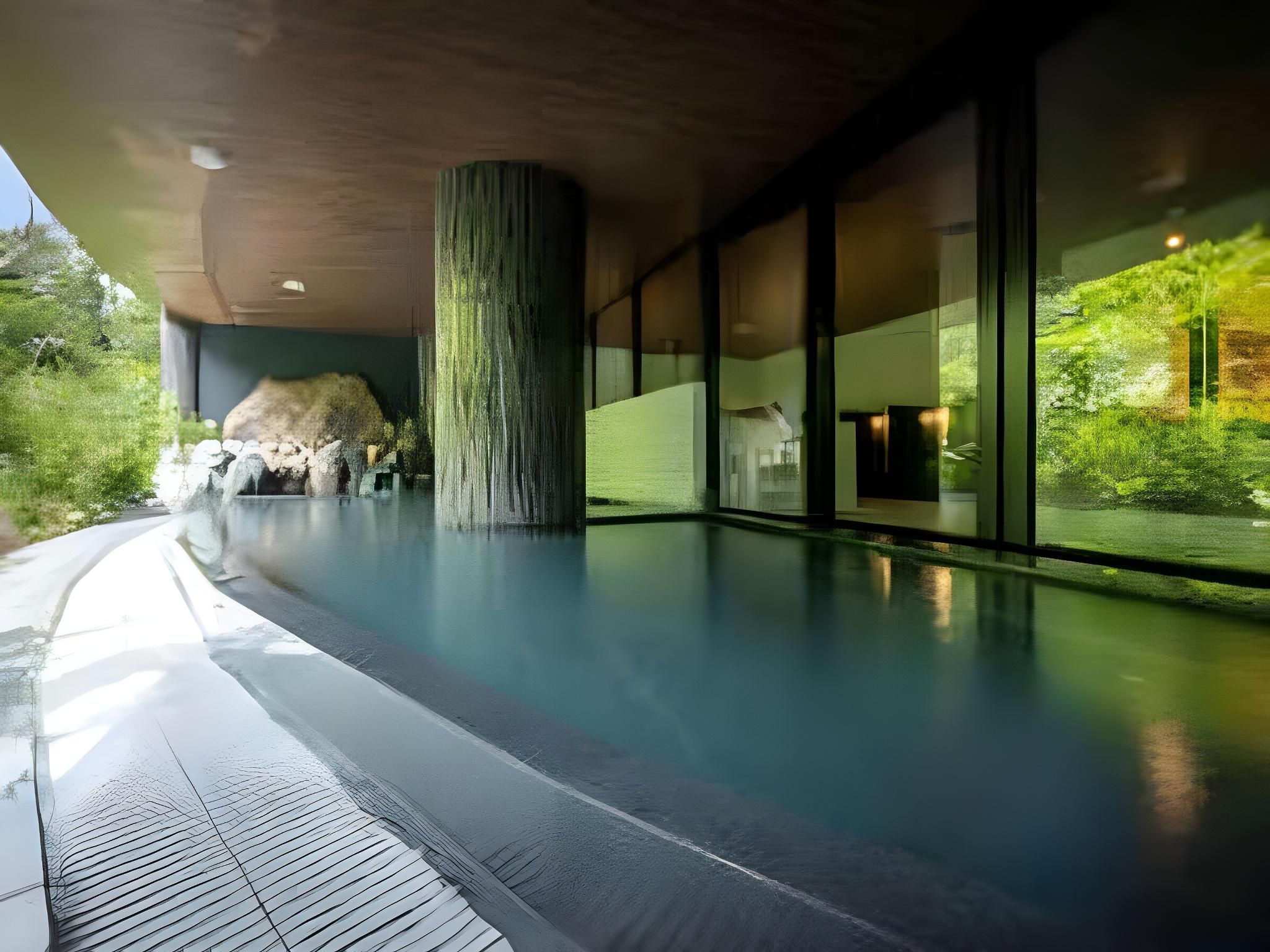 Ein Wellnessbereich mit einer großen Säule, einem Pool und Blick ins Freie.