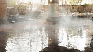 A hot spring area with steam rising from the water, a wooden structure, and a view of trees outside. - Akiu Grand Hotel (Sendai)