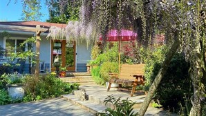 A serene garden with a wooden bench, a cat, and a building with a red awning. - Wisteria Guest House (Salt Spring Island)