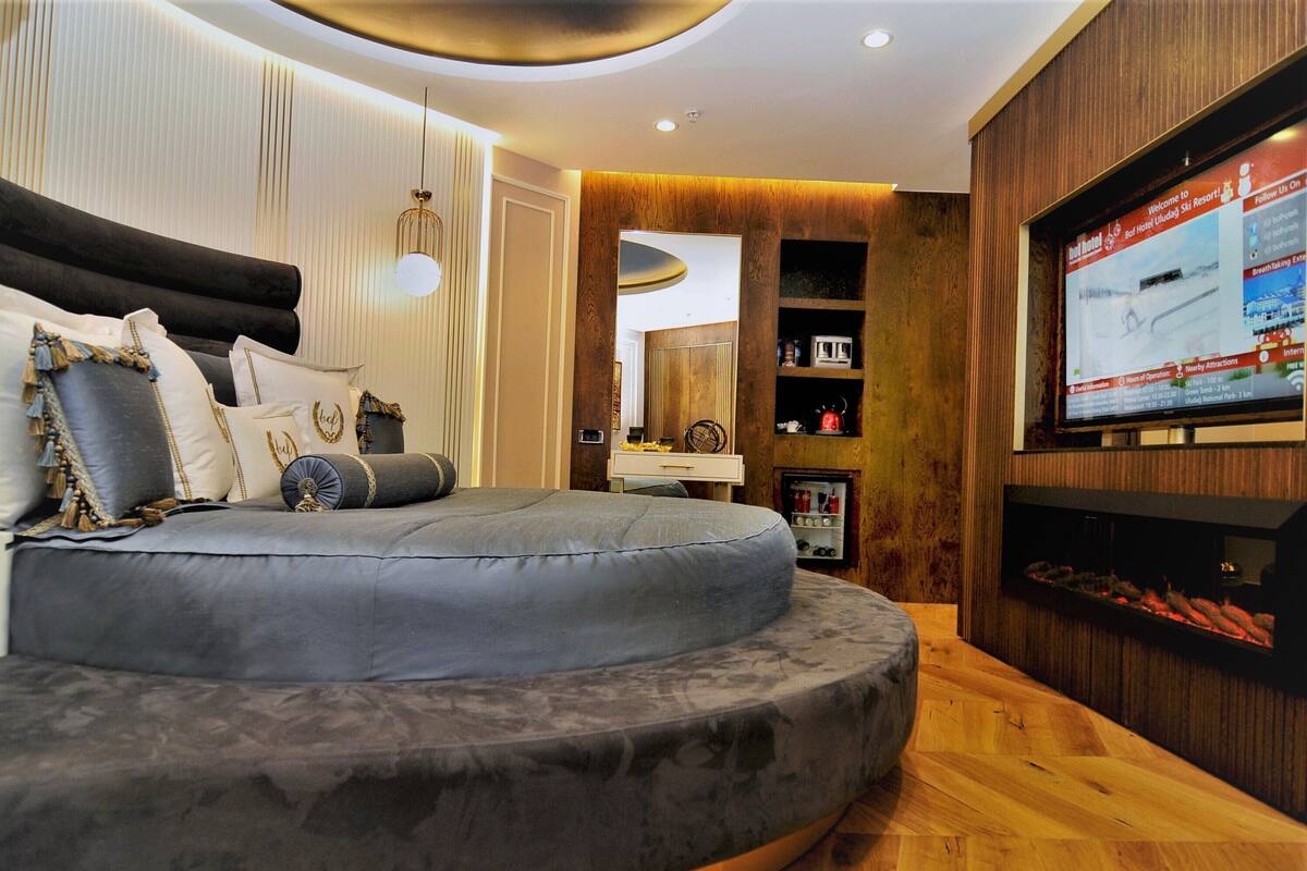A modern bedroom with a curved bed, a television, and a wooden wall.