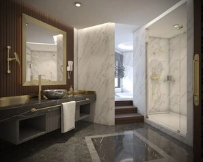 King Suit | Kamar mandi | Perlengkapan mandi gratis, pengering rambut, sandal, dan handuk