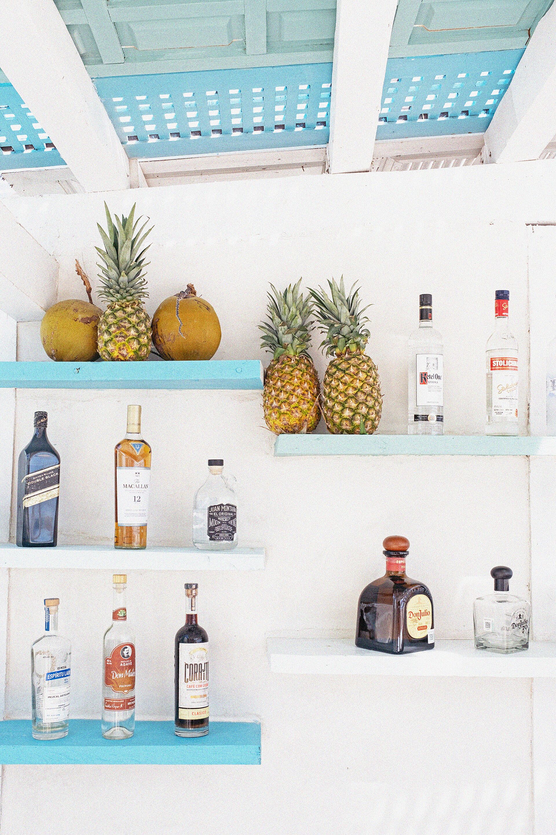 A shelf with various bottles and fruits.