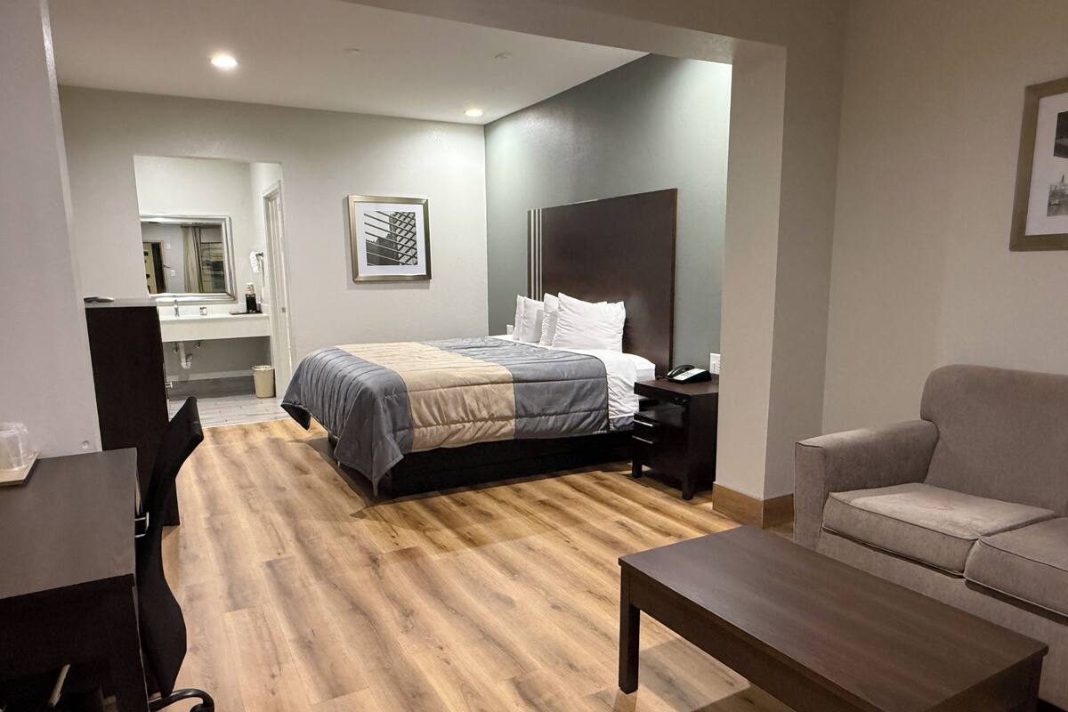 Quarto de hotel moderno com cama, mesa de cabeceira, cadeira, escrivaninha e uma pequena mesa.