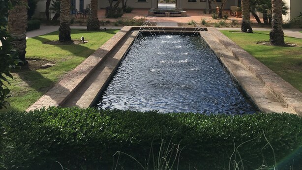 Un patio con fuente central, rodeado de palmeras y un edificio de techo con tejas.