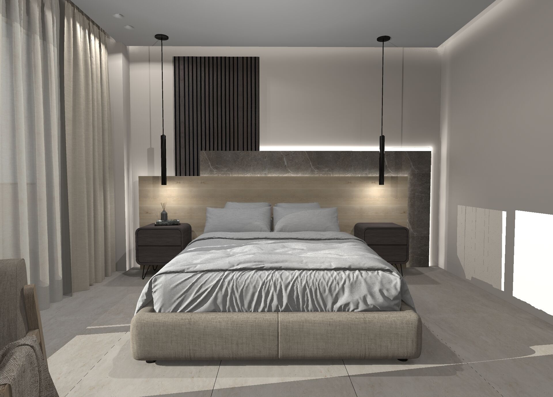 A modern bedroom with a large bed, bedside tables, a headboard with vertical lines, and pendant lighting.