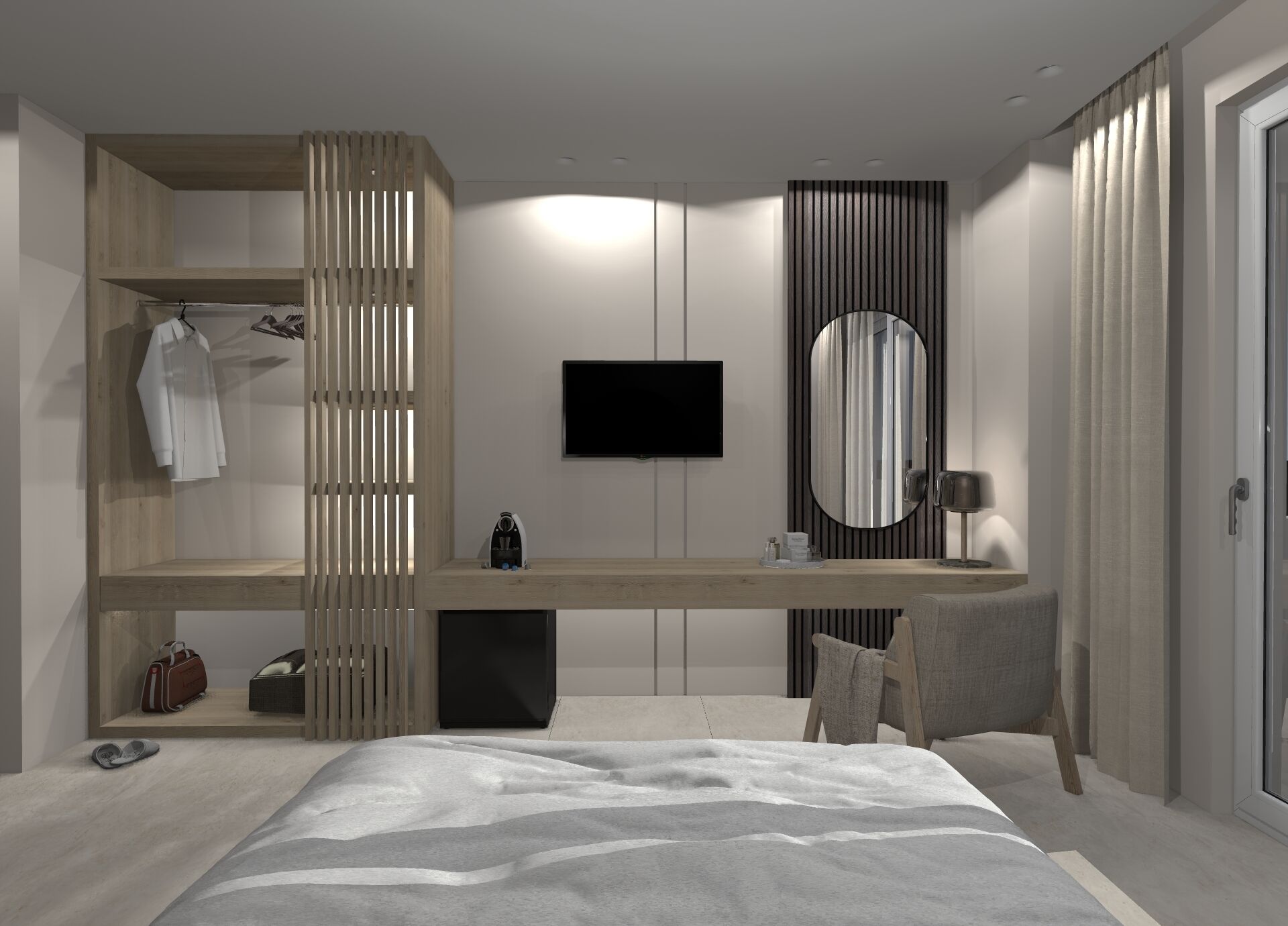 A modern bedroom with a bed, a TV, a mirror, a desk, and a wardrobe.