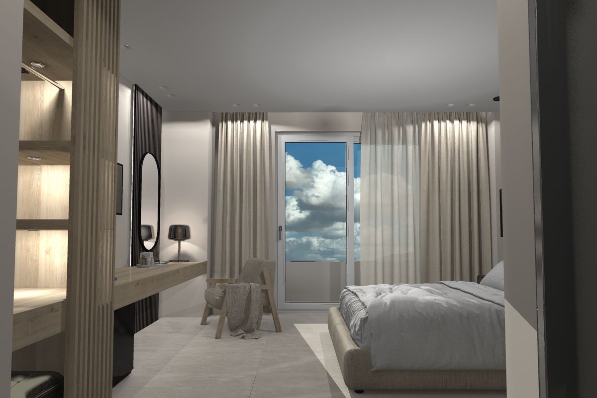 A modern bedroom with a large bed, a desk with a chair, a mirror, and a view of the sky through the window.