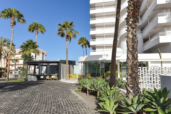 Ein Hotel Eingang mit einem Pflasterweg, Palmen und einer Sitzgelegenheit im Freien.