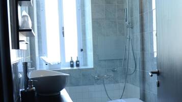 Hair dryer, bathrobes, slippers, towels