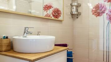 Shower, hair dryer, bidet, towels