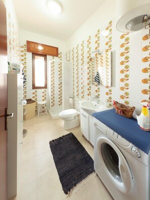 Shower, hair dryer, bidet, towels
