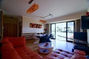 Een televisie, een dvd-speler, boeken en een muziekbibliotheek