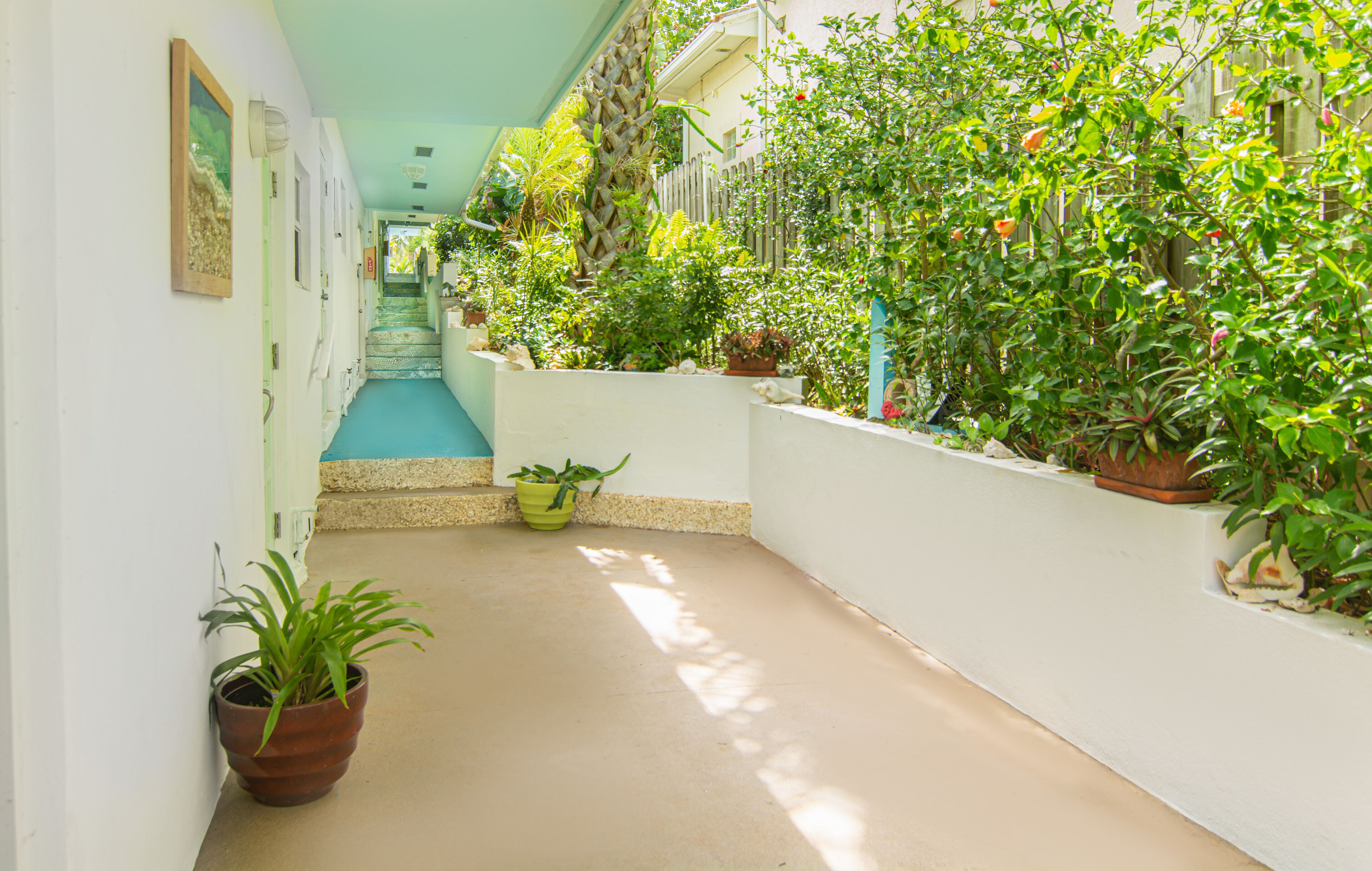 A narrow corridor with potted plants on either side, a staircase in the background, and a white wall with a door on the left.