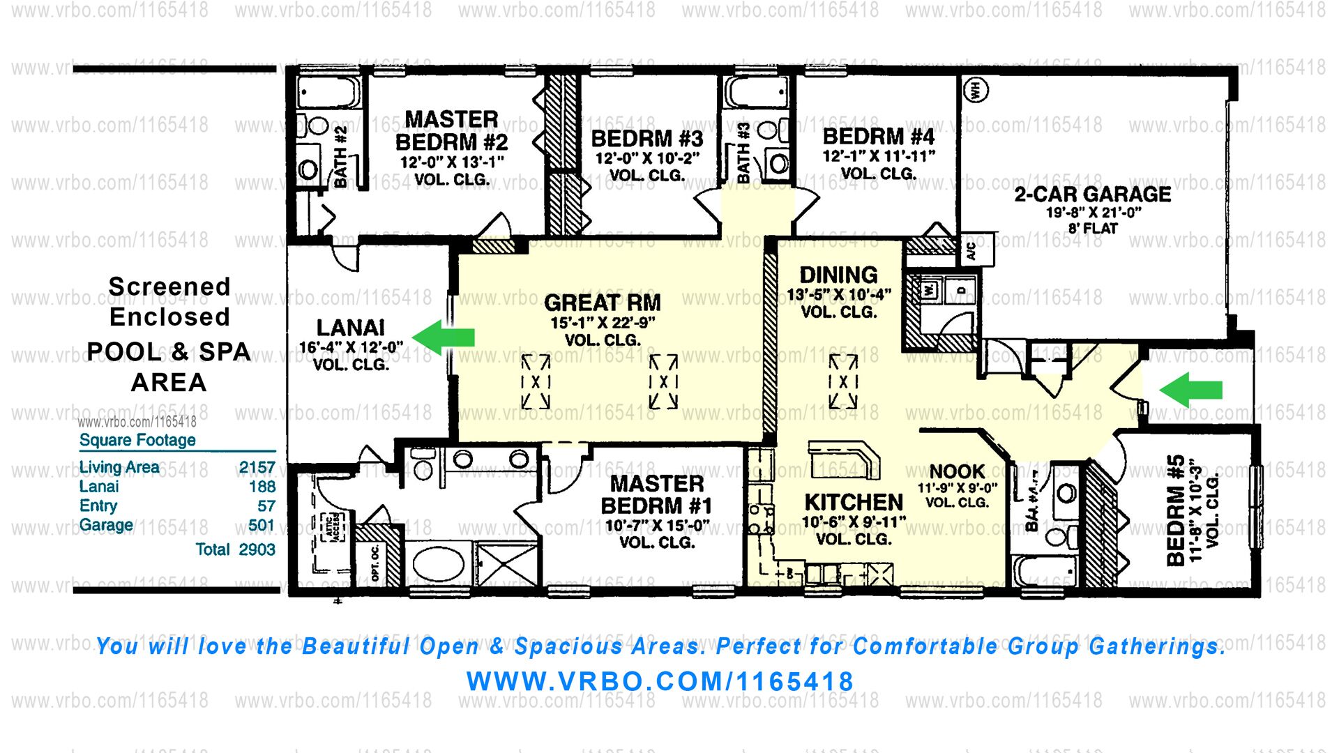 A floor plan of a property with a lanai, master bedrooms, a great room, a dining area, a kitchen, and a 2-car garage.