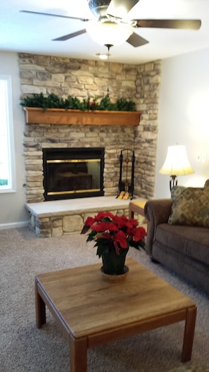 A living room with a stone fireplace, a ceiling fan, a wooden coffee table, and a potted plant.