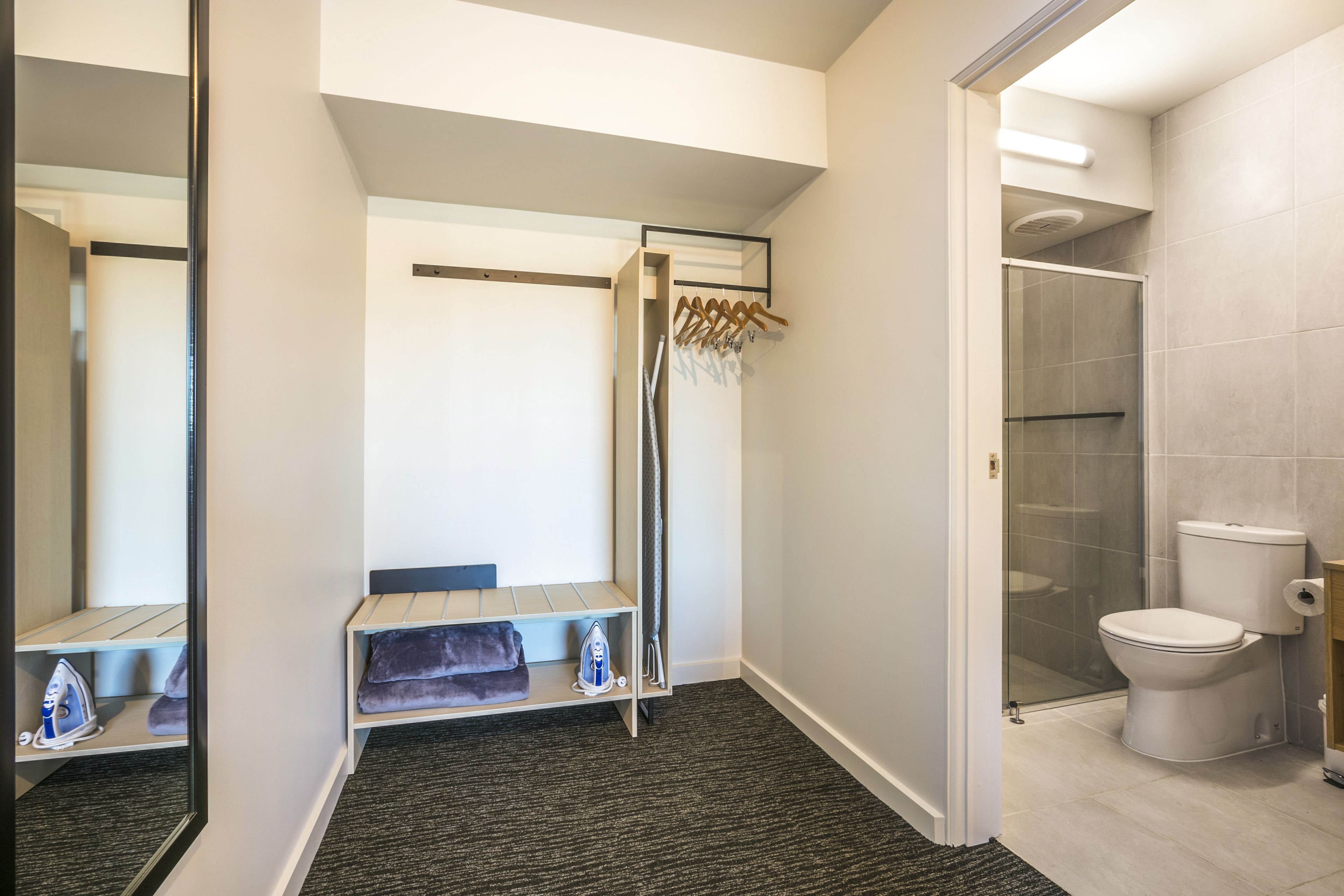 A modern bathroom with a shower, toilet, and a mirror.