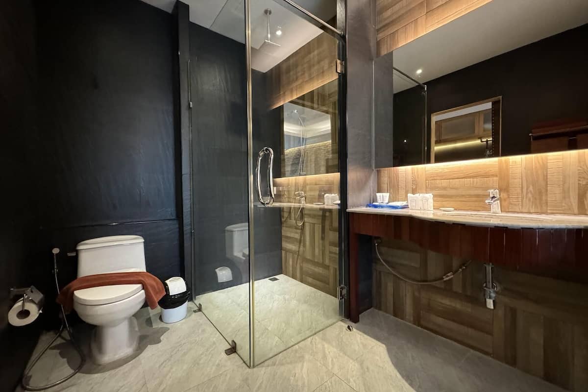 deluxe double room, pool access | bathroom | free toiletries, hair dryer, bathrobes, slippers