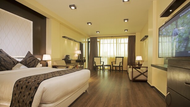 Una habitación de hotel con una cama grande, un escritorio, una silla y un televisor.